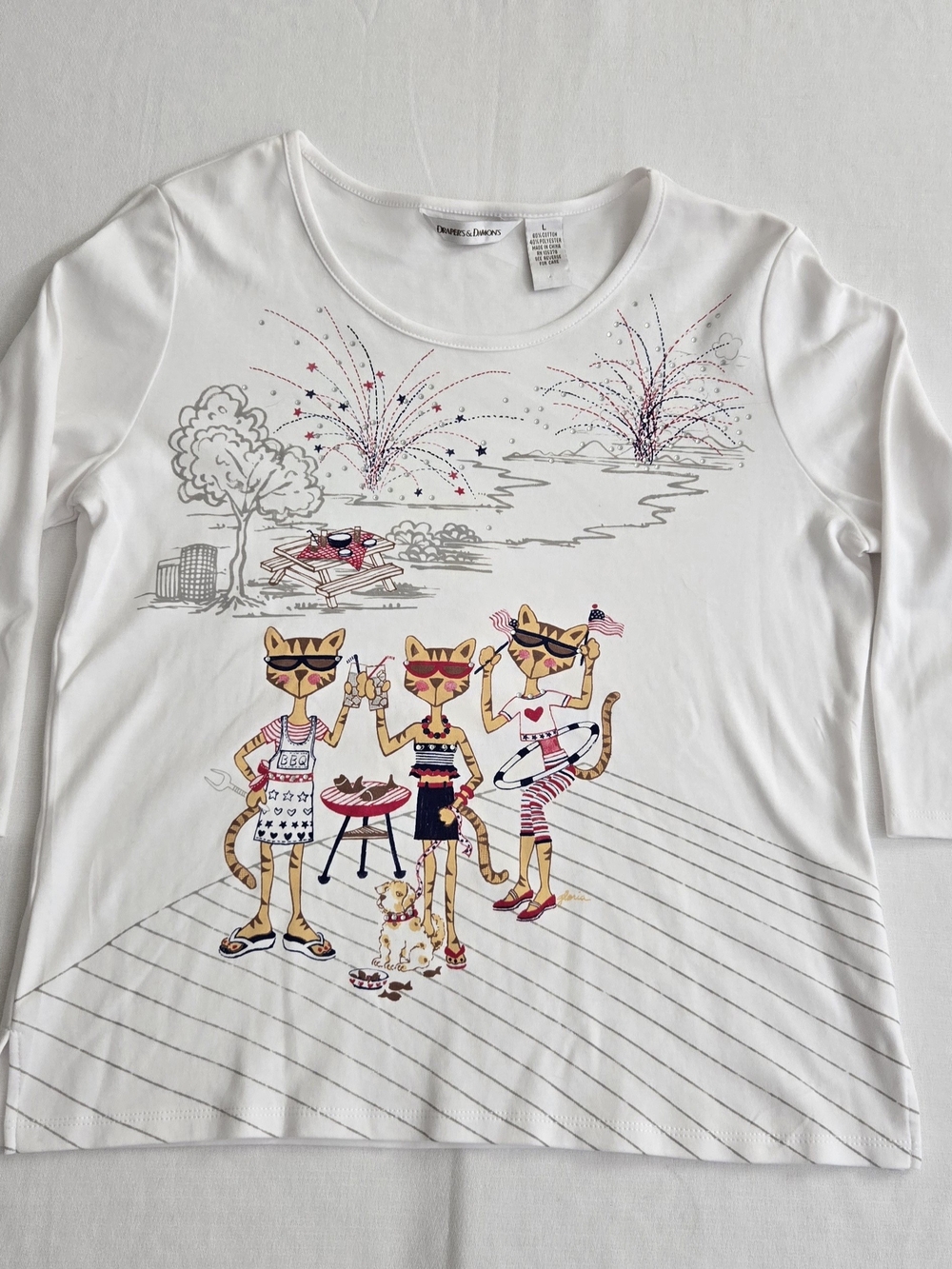 Drapers&Damons Women's White Graphic Holiday Cats Tee 3/4 Length Sleeve, Size L